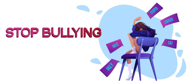 Stop bullying cartoon banner, teen girl crying